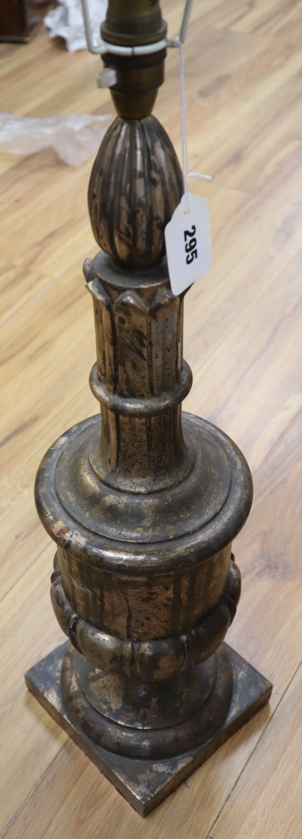 A silvered wood and gesso table lamp, height 61cm excl. light fitting